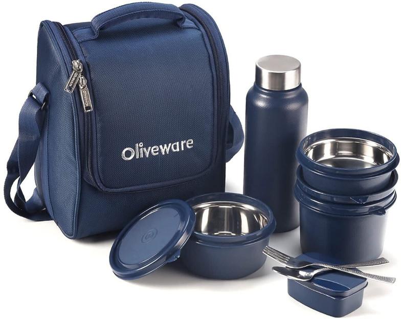 Oliveware Teso with Bottle (Blue-Pro) 4 Containers Stainless Steel Office Lunch Box (1470 ml, Microwave Safe)