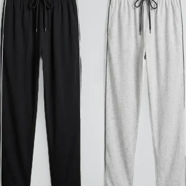 Men's Pyjama Bottoms with Side Stripe, Black and Grey, Cotton Blend, Elastic Waistband with Drawstring, Relaxed Fit, 2 Pack