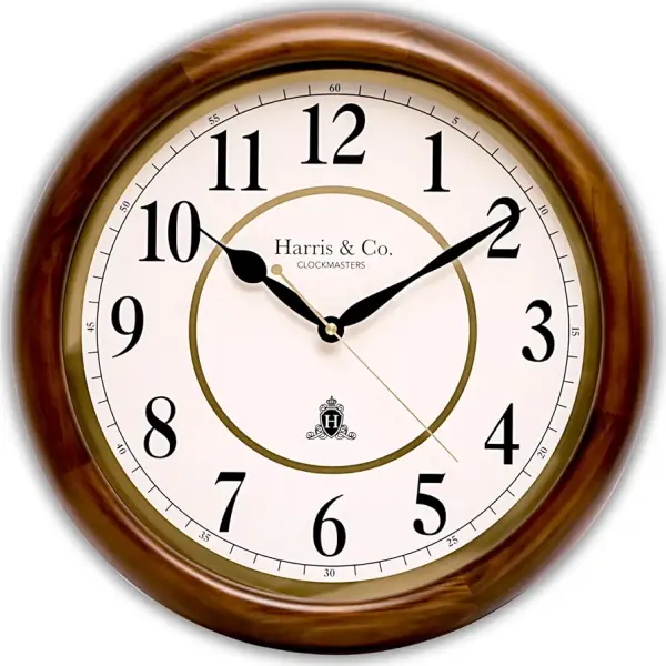 HARRIS & CO. CLOCKMASTERS Luxury Classic Wooden Frame HD Clear Glass, Metal Dial and Gold Accents with Silent Sweep Noiseless Technology Analog Wall Clock (15.5 Inches) Model-George Street