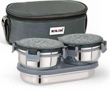 rolon Lunch Lock Double Decker | Grey | 3 Airtight Containers | Insulated Lunch Bag 3 Containers Stainless Steel Office Lunch Box (1150 ml)