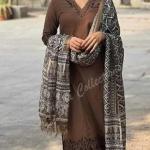 Kalachitras Women Pure Cotton Embroidery Straight Kurti with Pant & Dupatta Set (Brown)