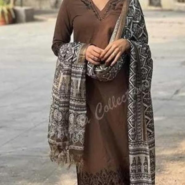 Kalachitras Women Pure Cotton Embroidery Straight Kurti with Pant & Dupatta Set (Brown)