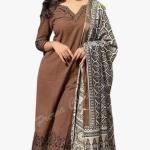 Kalachitras Women Pure Cotton Embroidery Straight Kurti with Pant & Dupatta Set (Brown)