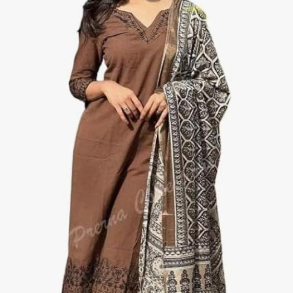 Kalachitras Women Pure Cotton Embroidery Straight Kurti with Pant & Dupatta Set (Brown)