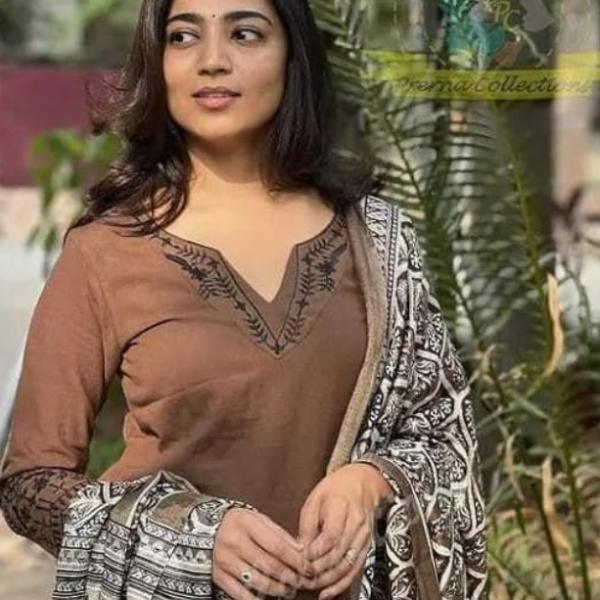 Kalachitras Women Pure Cotton Embroidery Straight Kurti with Pant & Dupatta Set (Brown)