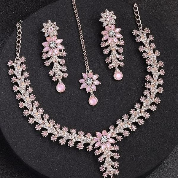 Sukkhi Charming AD Diamonds Studded Floral Choker Necklace with Danlge Earrings Maangtikka Jewellery Set for Women & Girls