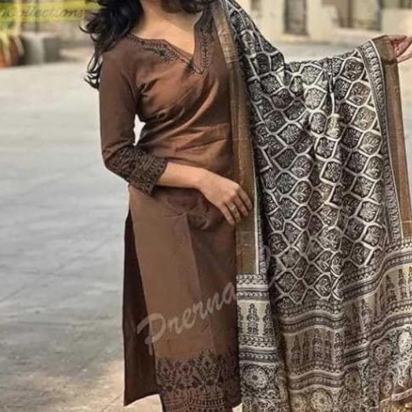 Kalachitras Women Pure Cotton Embroidery Straight Kurti with Pant & Dupatta Set (Brown)