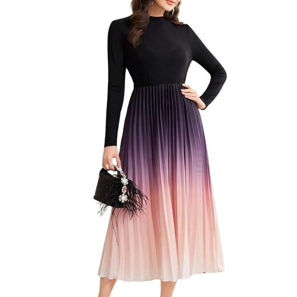 LITZO Dress for Women || Women’s Ombre Pleated Maxi Dress || Elegant Long Sleeve Gradient A‑Line Gown for Parties & Casual Outings || Lightweight Comfortable Casual Wear (T-L-19-20)