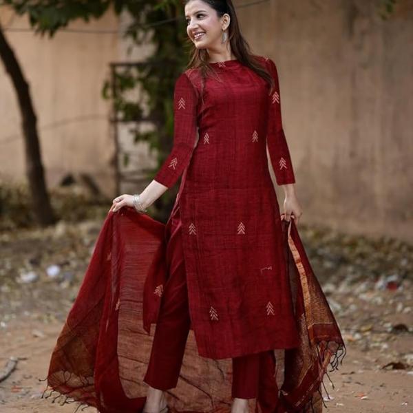 Anni Designer Pure Cotton Maroon Kurta Pant Set with Dupatta for Women | 3 Piece Gold Hand Block Printed Suit Set | Cotton Kurta Set for Women | Festive Kurti Set