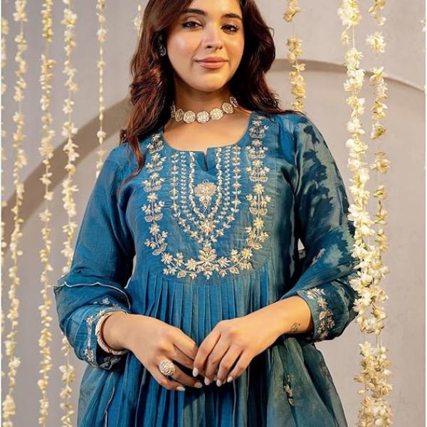 Nermosa Women Embroidery Solid A-Line Kurta and Pant Set with Dupatta