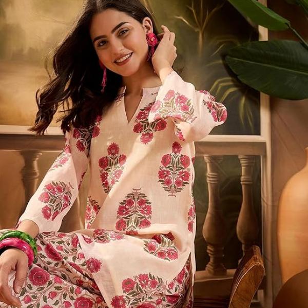 EthnicJunction Women's Linen Floral Print Summer Wear Straight Short Kurti With farshi Salwar Set | Kurta Pant Set | Office wear Kurta Set | Vacation wear Kurta set