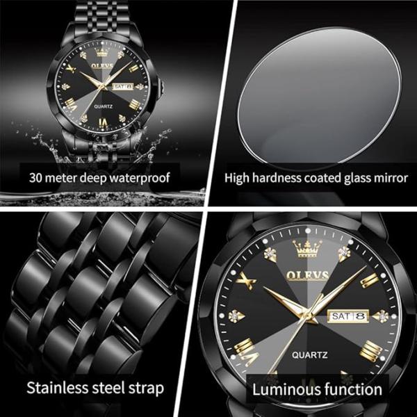 OLEVS Original Men's Diamond Watch Analog Quartz Stainless Steel Calendar Business Dress Watch with Luminous Waterproof Casual Wristwatch