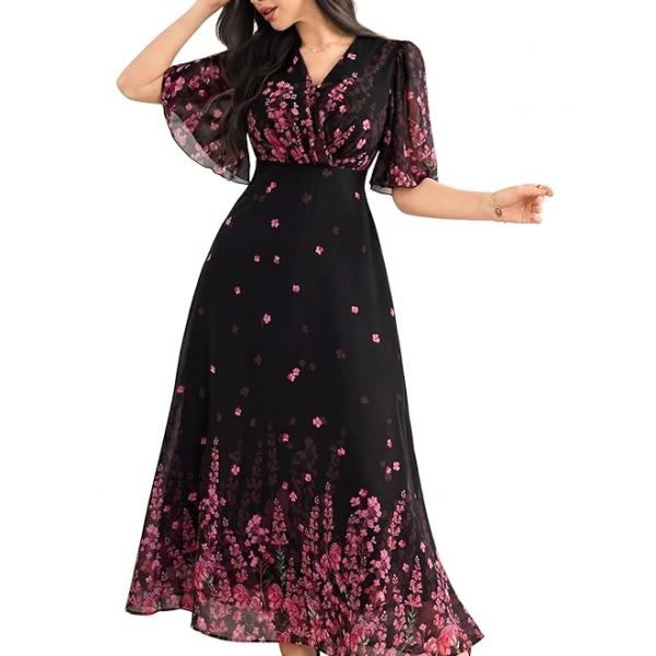 Women's Georgette Dresses Floral Printed One Piece | V Neck Flutter Sleeve Casual Summer Dress with Belt | Elegant Office Wear & Party Dress