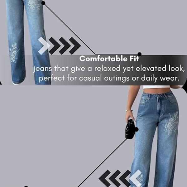 GRECIILOOKS Embroidery Jeans for Women| Women’s Summer Wide Leg Denim Jeans | High Waist Straight Fit Casual Pants for Office, Vacation & Everyday Wear