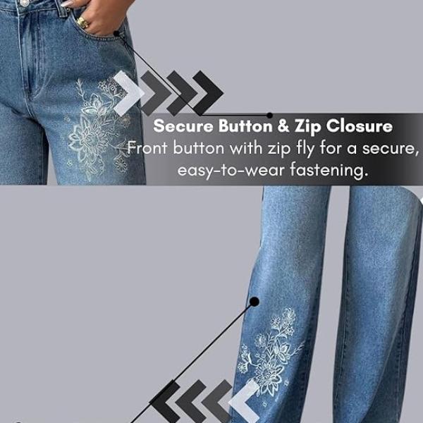 GRECIILOOKS Embroidery Jeans for Women| Women’s Summer Wide Leg Denim Jeans | High Waist Straight Fit Casual Pants for Office, Vacation & Everyday Wear