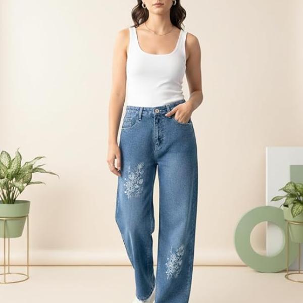 GRECIILOOKS Embroidery Jeans for Women| Women’s Summer Wide Leg Denim Jeans | High Waist Straight Fit Casual Pants for Office, Vacation & Everyday Wear