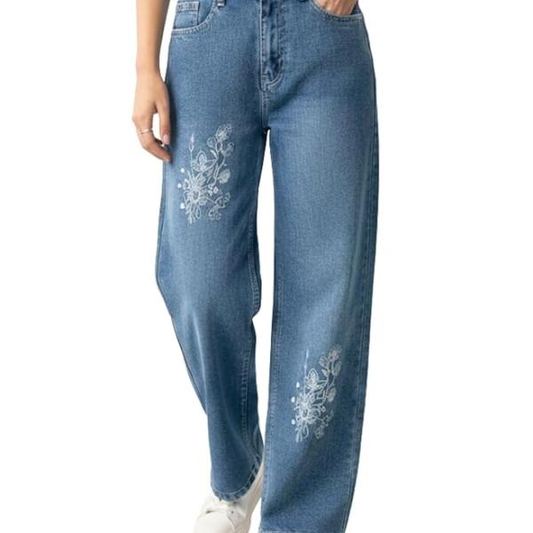 GRECIILOOKS Embroidery Jeans for Women| Women’s Summer Wide Leg Denim Jeans | High Waist Straight Fit Casual Pants for Office, Vacation & Everyday Wear