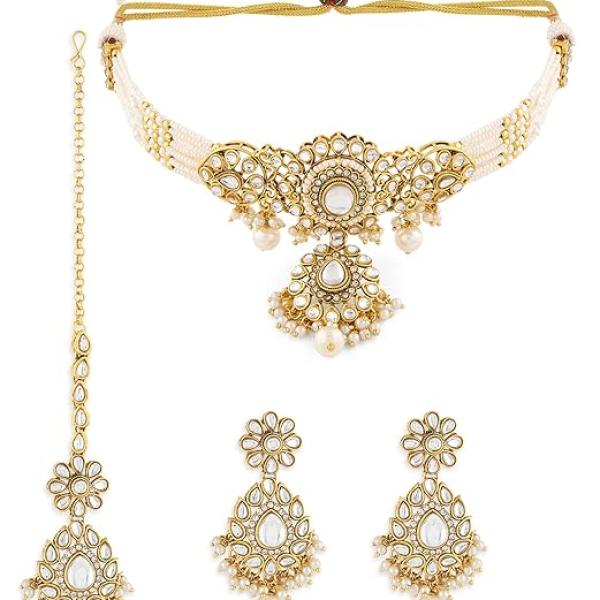 ZAVERI PEARLS Gold Tone Dazzling Kundan Multistrand Pearls Choker Necklace Earring & Maangtikka Set For Women-ZPFK19087