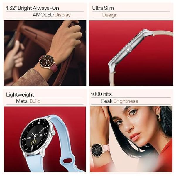 Boat Chrome Iris Fashion Smart Watch for Women - Elegant Ultra-Sleek Dial, Light-Weight Metal Body, 1.32" AMOLED Display, 1000 Nits, AOD, Female Wellness Tracking Watch for Woman (Velvet Wine)