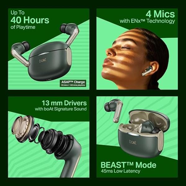 Boat Airdopes 219, 4Mics ENx, 40H Battery, Best in Segment for Calling, Stream Ad Free Music via App Support, Bluetooth Earbuds, TWS Ear Buds Wireless Earphones with mic (Forest Sage)