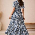 Bollyclues Women’s Crepe Fabric Printed Maxi Dress for Women| Lightweight, Breathable & Flowy | Short Sleeve Button-Down Casual Dress with Waist Tie | Stylish Summer & Vacation Wear