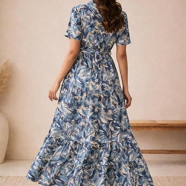 Bollyclues Women’s Crepe Fabric Printed Maxi Dress for Women| Lightweight, Breathable & Flowy | Short Sleeve Button-Down Casual Dress with Waist Tie | Stylish Summer & Vacation Wear