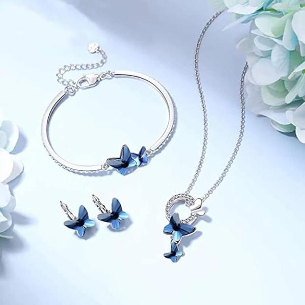 Shining Diva Valentine Gift Girlfriend Wife Italian Designer Platinum Plated Crystal Butterfly Earrings Chain Pendant Necklace Combo Jewellery Set for Women and Girls (Blue) (14603s)