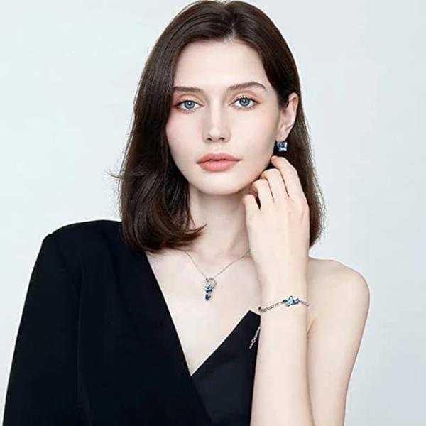 Shining Diva Valentine Gift Girlfriend Wife Italian Designer Platinum Plated Crystal Butterfly Earrings Chain Pendant Necklace Combo Jewellery Set for Women and Girls (Blue) (14603s)