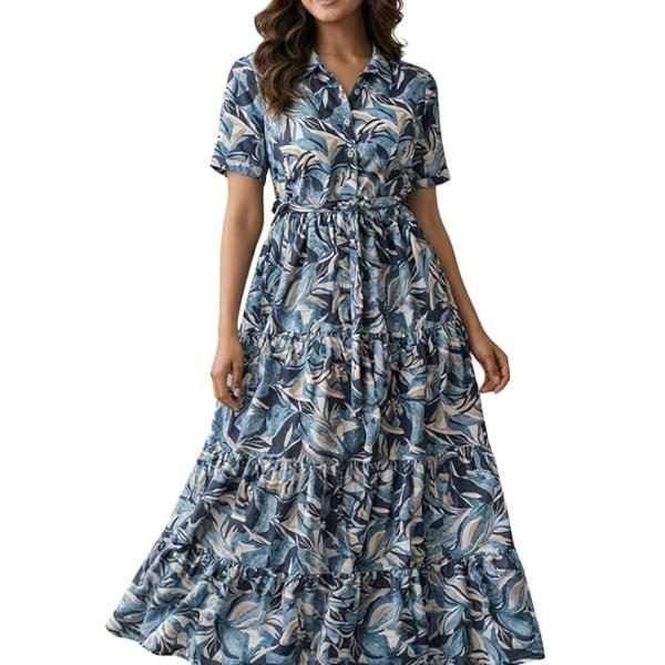 Bollyclues Women’s Crepe Fabric Printed Maxi Dress for Women| Lightweight, Breathable & Flowy | Short Sleeve Button-Down Casual Dress with Waist Tie | Stylish Summer & Vacation Wear
