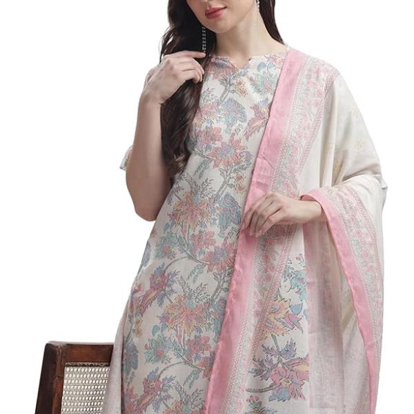 Women’s Linen–Cotton Kurta & Dupatta Set | Beige Base with Multicolour Floral Print | Ultra-Soft, Lightweight & Everyday Comfort | S to 2XL | Top and Dupatta Only