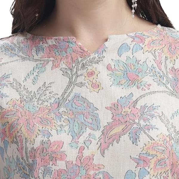 Women’s Linen–Cotton Kurta & Dupatta Set | Beige Base with Multicolour Floral Print | Ultra-Soft, Lightweight & Everyday Comfort | S to 2XL | Top and Dupatta Only