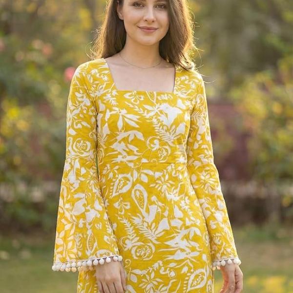 Women's Premium Viscose Rayon Floral Printed Short Kurti | Stylish Bell Sleeves with Pom-Pom Lace | Teal Blue Tunic Top for Jeans & Office Wear