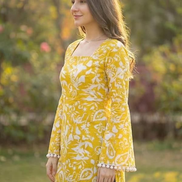 Women's Premium Viscose Rayon Floral Printed Short Kurti | Stylish Bell Sleeves with Pom-Pom Lace | Teal Blue Tunic Top for Jeans & Office Wear