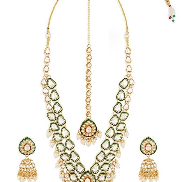 ZAVERI PEARLS Green Meenakari Dazzling Stones Beads Bridal Necklace Earring & Maangtikka Set For Women-ZPFK18886