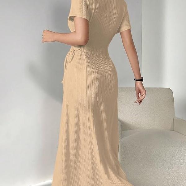 Shasmi Women’s Solid Color Applique Lace-Up Collared Short Sleeve, Side-Tie Waist Long Casual Maxi Women Dress Outfit Long Evening Midi Western Party Dress for Women (Dress 211)