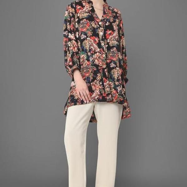 Tunic for Women, Stylish Shirt for Ladies, Black Floral Print,Classic Trendy Silhouette,Elegant Button Detailing, Girls Summer Clothing.