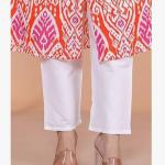 IndoBhutan Seller Women's Cotton Printed Mandarin Collar A-Line Kurti with Pant (Orange)