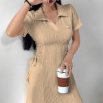 Shasmi Women’s Solid Color Applique Lace-Up Collared Short Sleeve, Side-Tie Waist Long Casual Maxi Women Dress Outfit Long Evening Midi Western Party Dress for Women (Dress 211)