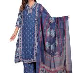 Women's Cotton Printed Straight Kurti With Pant and Dupatta Set (Navy Blue)