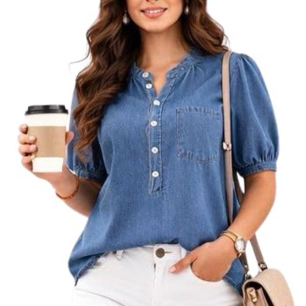 Women's Denim Shirt, Blue, Puff Sleeve, Breeze Top Button Front, Casual Top