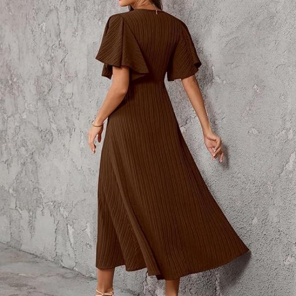 Shasmi Girl's & Women's Pleated Midi Dress with Flutter Sleeves | V-Neck Western Dress for Women | Elegant A-Line Summer Outfit | Office & Casual Wear (Dress 244)