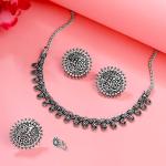 Yellow Chimes Oxidised Necklace Set For Women And Girls German Silver Oxidised Designed Ethnic Jewellery Choker Necklace Set For Women And Girls