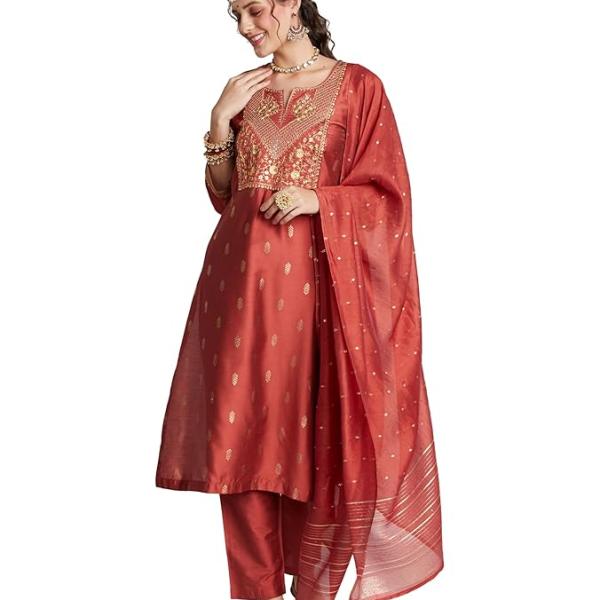 Myx Women's Embroidered Kurta Set with Designer Jacquard Dupatta (Available in Plus Sizes)