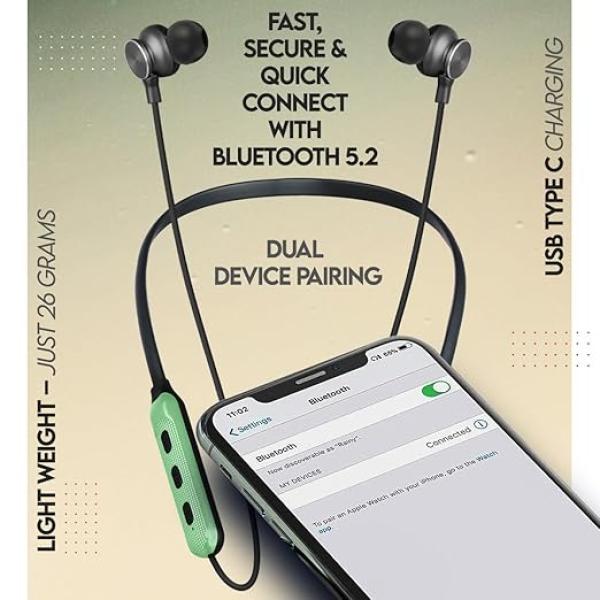 Zimo AeroFlex Bluetooth 5.2 Wireless in-Ear Headphones, 18Hrs Playtime, Deep Bass, HD Calls, Dual Device Pairing, Voice Assist, Type-C Fast Charge Wireless Neckband, IPX4 (Green & Active Black)