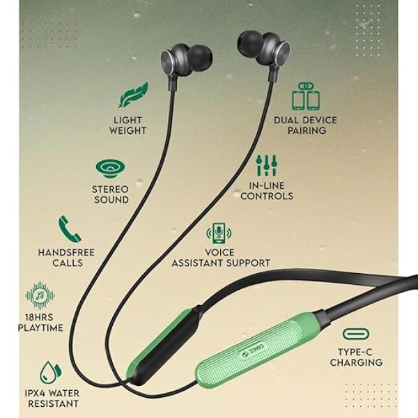 Zimo AeroFlex Bluetooth 5.2 Wireless in-Ear Headphones, 18Hrs Playtime, Deep Bass, HD Calls, Dual Device Pairing, Voice Assist, Type-C Fast Charge Wireless Neckband, IPX4 (Green & Active Black)