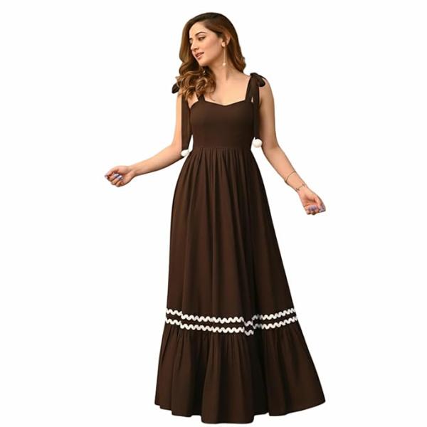 CS Women's Long Maxi Gown with Shoulder Ribbon Tie-Up Dress, Stylish & Trendy - Fit and Flare Sleeveless Square Neckline Western Dress, Casual Beach Long Dress for Women