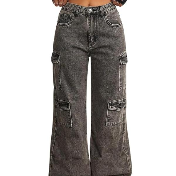 GRECIILOOKS Cargo Jeans for Women – Wide Leg High Waist Baggy Denim Pants | Casual Straight Fit Trousers with Utility Pocket Design