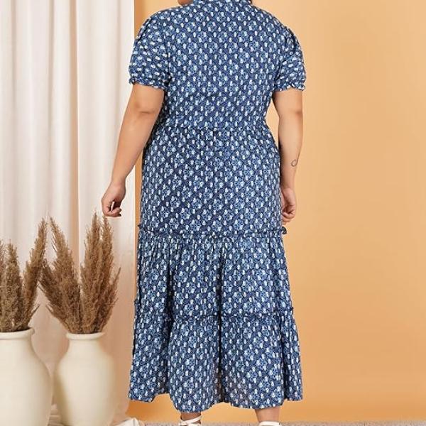 Indietoga Women's Floral Printed Pure Cotton Tiered Maxi Dress (XL to 7XL)
