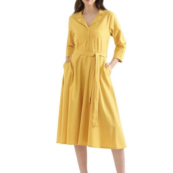SAADAA Women's Solid Airy Linen Flared Dress | Notch Collar & 3/4 Sleeves with Adjustable Belt | Below-Knee Western Dress