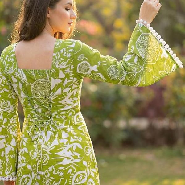 Women's Premium Viscose Rayon Floral Printed Short Kurti | Stylish Bell Sleeves with Pom-Pom Lace | Teal Blue Tunic Top for Jeans & Office Wear